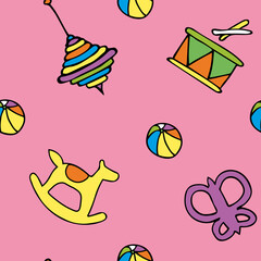 Pink background pattern with kids toys, butterfly and horse, drum. Vector illustration. Design for wallpaper and wrapping, fabric and textile.
