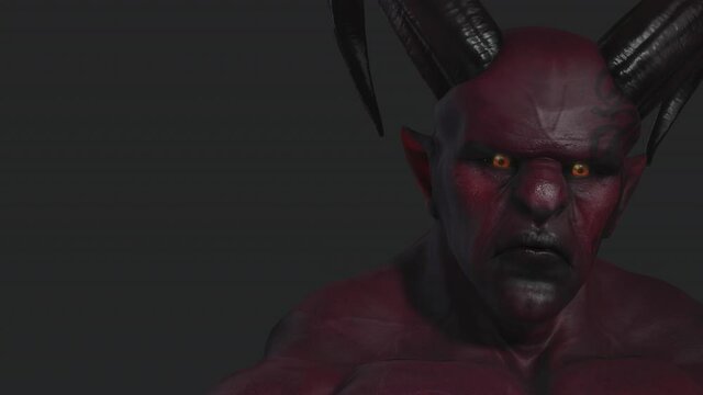 Red demon, devil, imp, monster with twisted horns and muscle hillocks. Close-up. Face expression. Part 6 from 6. Alpha channel only in 4k .mov version