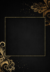 Black and anthracite background with luxery golden ornaments , sparkles and swirls. Golden frame. Good for logo or invitation.
