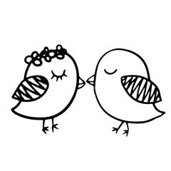Simple cute kissing birds in doodle style. Vector