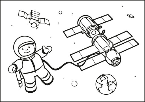 Malvorlage Astronaut mit Raumstation Weltraumspaziergang