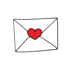 Simple envelope with red heart in doodle style. Outline. Vector isolated