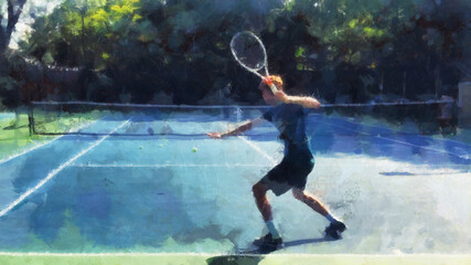 Plakat A man plays tennis on the court. Artistic work on the topic of sports and recreation