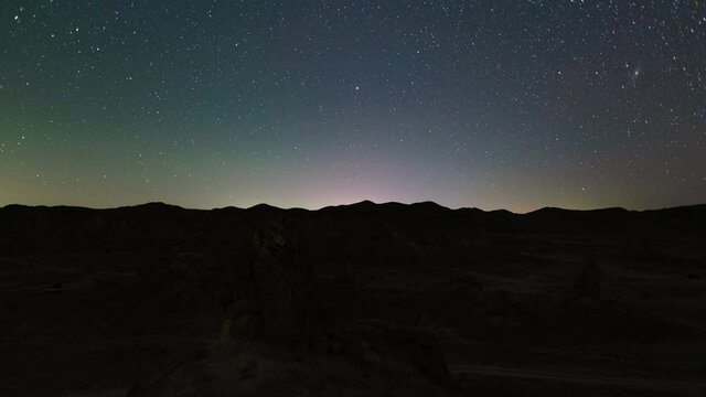Time lapse of night to day transition of tufa towers in Trona Pinnacles in California