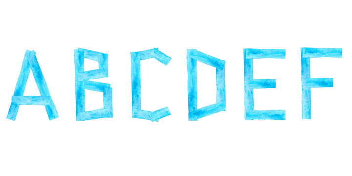 Watercolor blue letters ABCDEF on white background