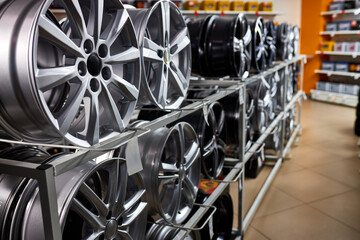 modern store with alloy wheels and tires, indoors in shop. a lot of discs for automobile, big...