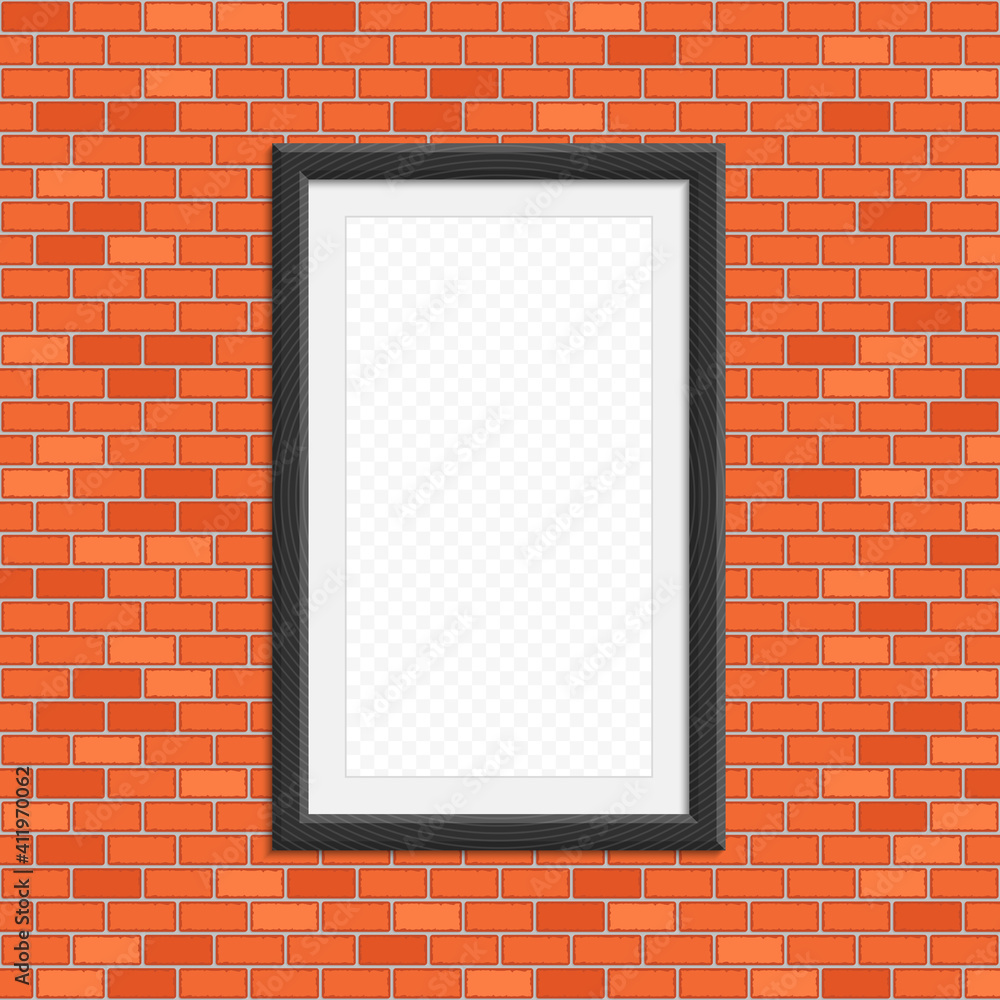 Poster black realistic picture frame on red brick wall seamless pattern vector background. modern photo fra
