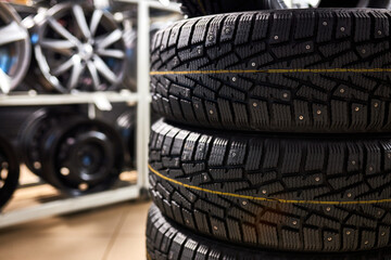 three old used summer tires. close-up photo of tired in auto service. cars, automobile concept
