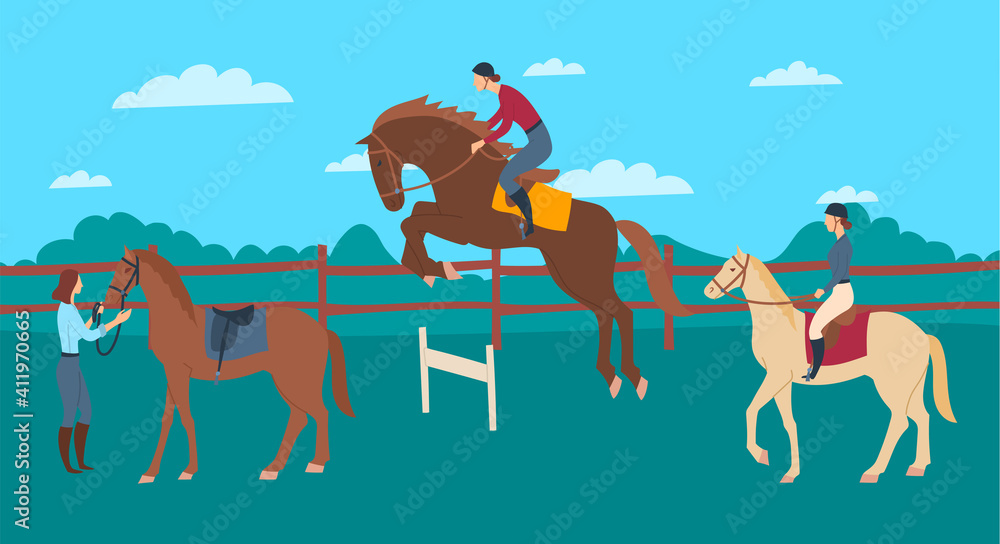 Sticker Cartoon Color Characters People and Horse Rider School Concept. Vector