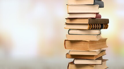 Collection stack of old retro books on background