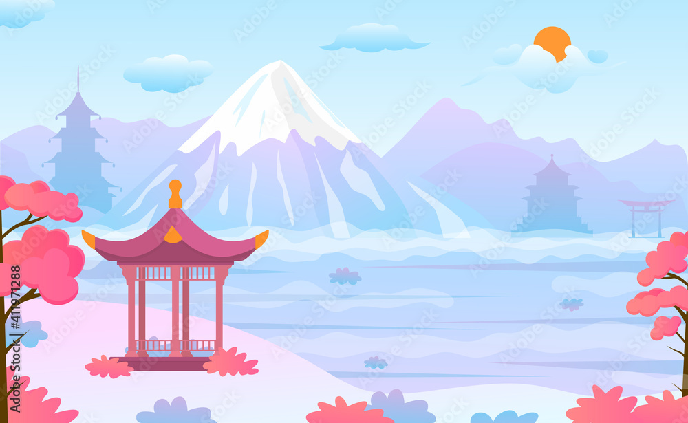 Wall mural Cartoon Color Chinese Landscape Scene Concept. Vector