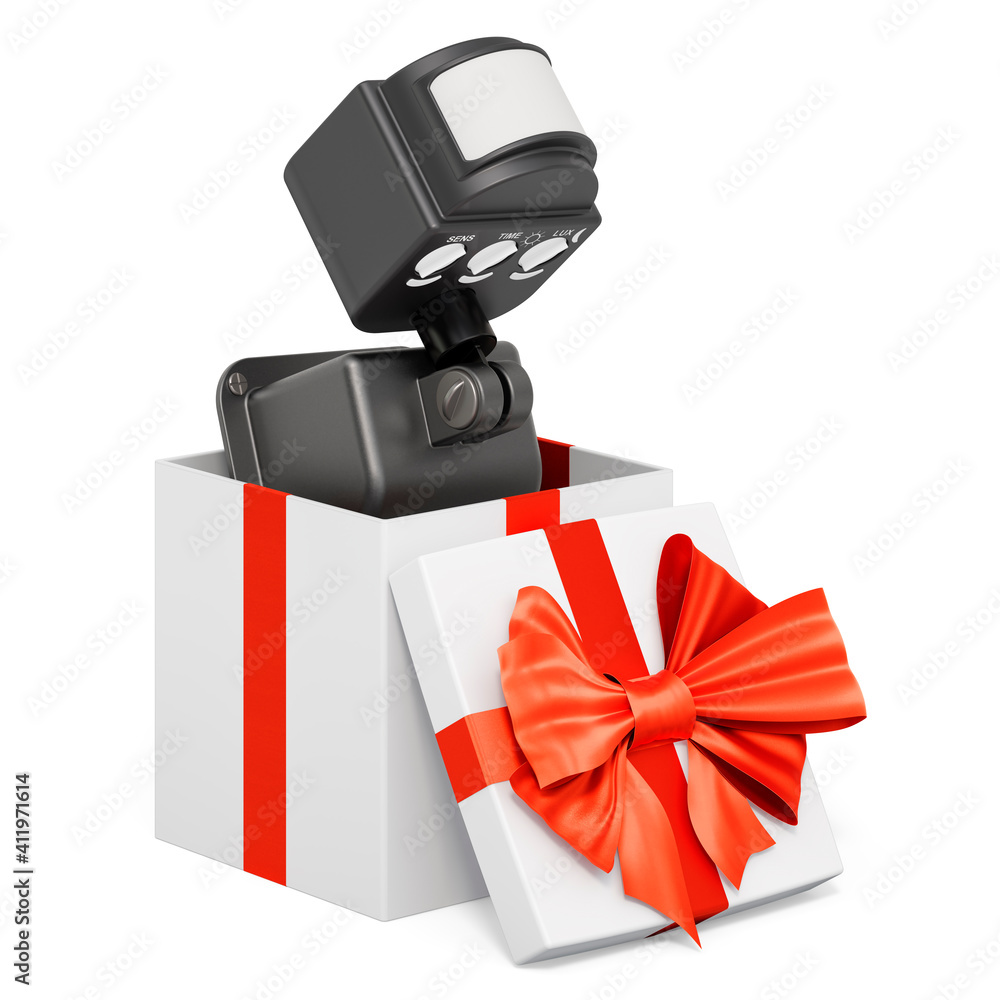 Poster motion detector inside gift box, present concept. 3d rendering