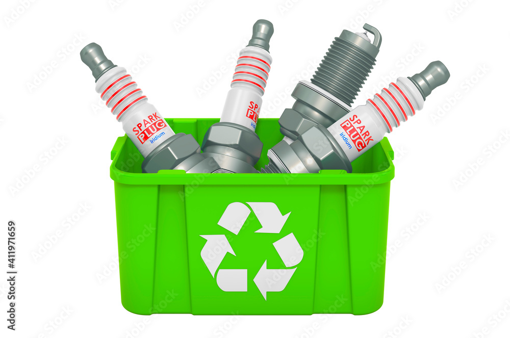 Poster recycling trashcan with spark plugs, 3d rendering