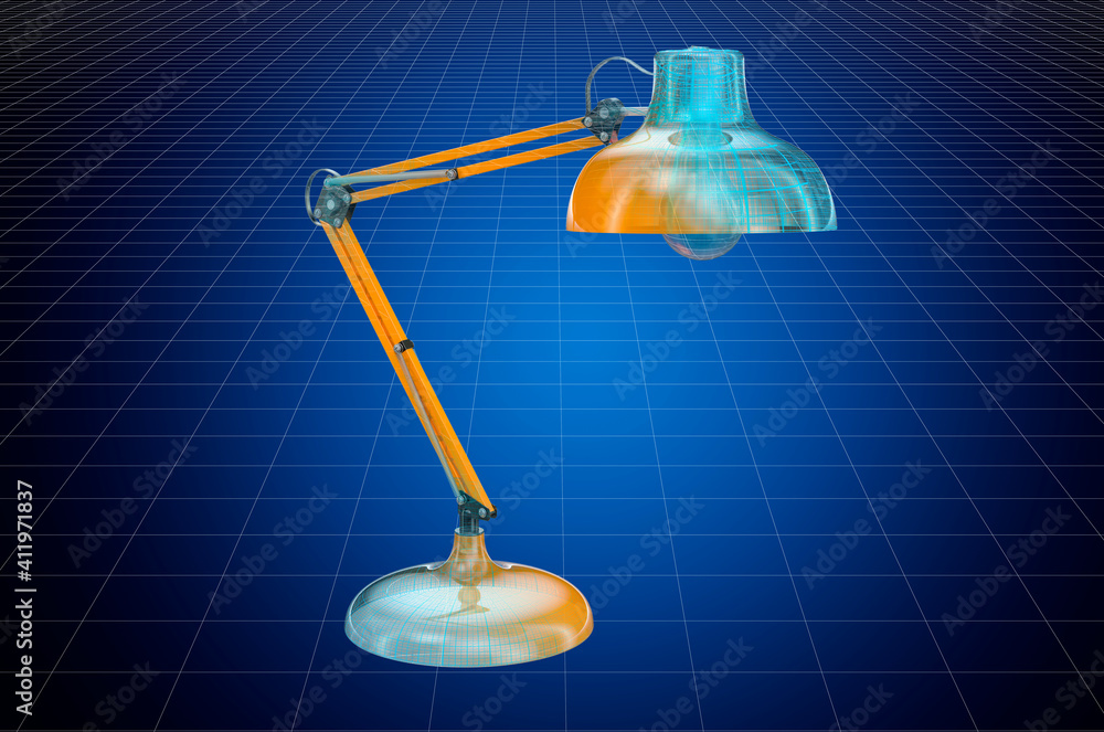 Poster visualization 3d cad model of desk lamp, blueprint. 3d rendering