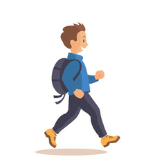 Hiking boy with a backpack on a white background. Isolated illustration in cartoon style.