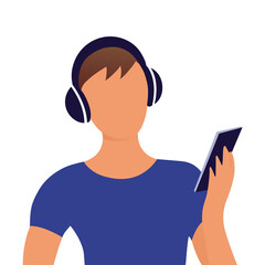 The man listens to music with headphones. Head silhouette. Smartphone with player in hand. Background with place for text. Flat illustration on white background.