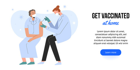 Elderly woman getting a covid vaccine shot at home, immunization against coronavirus infection. Web banner template. Medical nurse vaccinating a senior woman, vector illustration