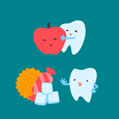 Cartoon tooth character choosing an apple and ignoring candy and sugar.