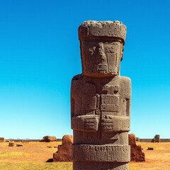 Ponce priest monolith statue in Tiwanaku near La Paz, Bolivia.