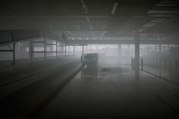 Airport terminal at smoke. Emergency situation in airport. Baggage carousel. Baggage conveyor belt in airport at smoke.