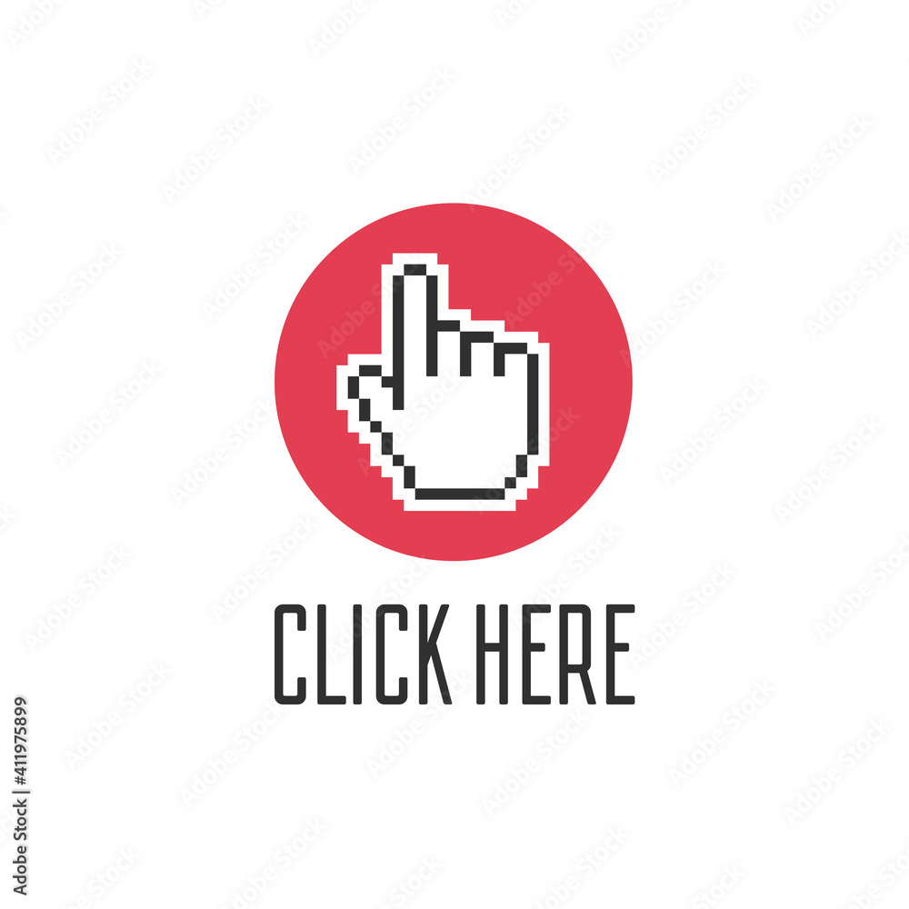 Poster click here the button. hand sign with touching a buttons or pointing finger. hands cursor icon. vect