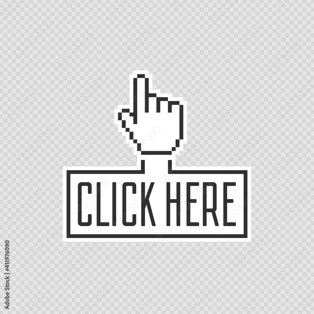 Poster click here the button. hand sign with touching a buttons or pointing finger. hands cursor icon. vect