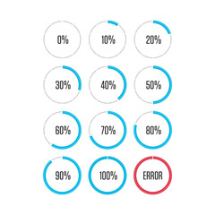 Circle loading or progress bars isolated on white background. Template graph pie chart with gradations 10 20 30 40 50 60 70 80 90 100. Vector illustration EPS 10.