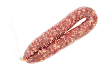 Homemade pork dried cured sausage on white background.