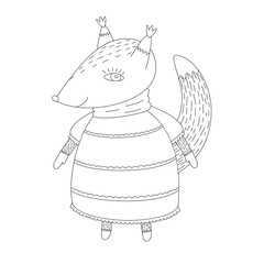 Coloring black and white. Chanterelle in a dress for girls. Fox for coloring antistress.