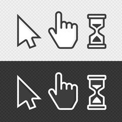 Pixel cursors icons. Vector Mouse hand arrow hourglass. Black and white illustration. EPS 10.