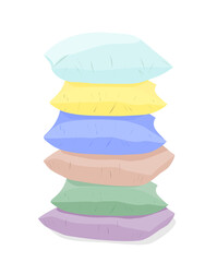 a stack of six multi-colored pillows in pastel colors on a white background.