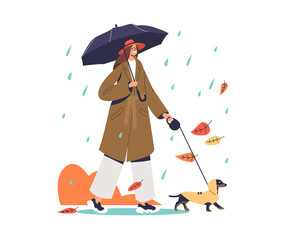 Woman walking with dog under umbrella during autumn rain wearing coat