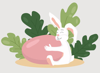Flat style illustration. Easter rabbit hugging a huge egg. There are leaves on background behind a white bunny. You can use it for greeting cards or another Easter decorations.