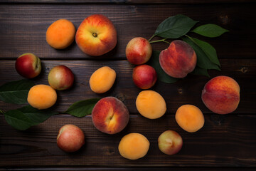 Peaches, apricots and nectarines, ripe fruits on a wooden table. Top view