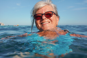 Elderly senior woman with gray hair, swimming in sea on sunny day, closeup to her smiling face