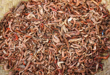 Small dried prawns displayed on food market at Ranohira, Madagascar, closeup detail