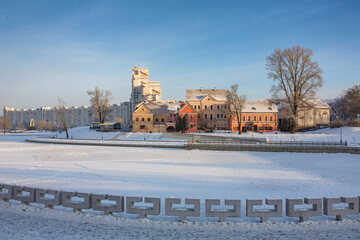 Historical center of Minsk with Traetskae Pradmestse and Svisloch river, Belarus