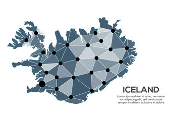 Iceland communication network map. Vector image of a low poly global map with city lights. Map in the form of triangles and dots