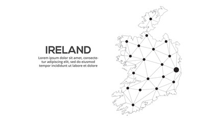 Ireland communication network map. Vector image of a low poly global map with city lights. Map in the form of lines and dots