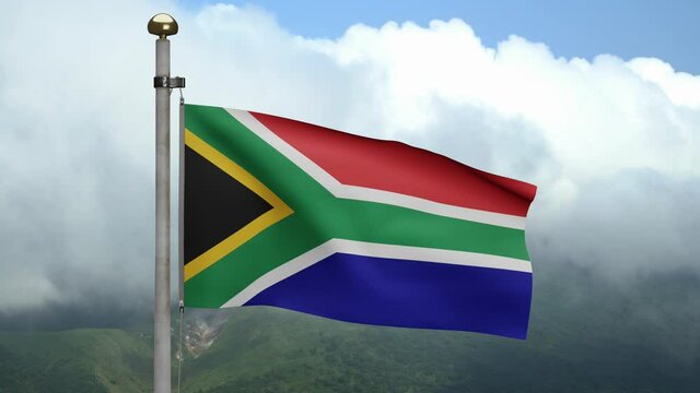 African RSA flag waving in wind mountain. Close up South Africa banner blowing, soft and smooth silk. Cloth fabric texture ensign background. Use it for national day and country occasions concept.-Dan