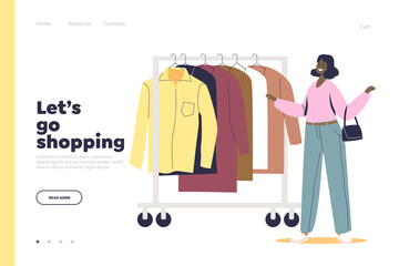 Shopping in store concept of landing page with woman choosing clothes on hanger
