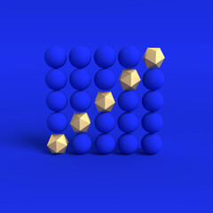 3D image blue and gold colored geometric shapes. Conceptual background, 3 point light, environment light with shadow.