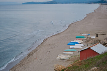Beach and marmara sea background and small village and country side and houses during overcast...