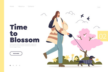 Spring - time to blossom concept of landing page with woman walking with dog over blooming trees