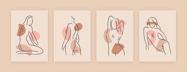 Modern abstract ladies. Contemporary female silhouettes with organic shapes. Set of hand drawn minimalist posters, wall art decor, prints