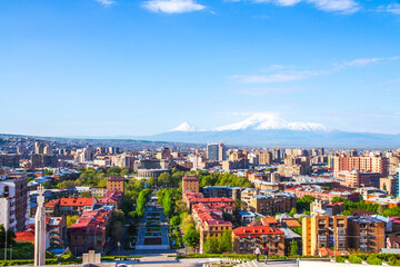 Mount Ararat (Turkey) at 5,137 m viewed from Yerevan, Armenia. This snow-capped dormant compound...