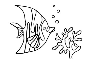 Fish and algae in the water. Aquarium. Can be used for coloring book for kids. Vector illustration.