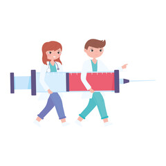 cartoon female and male doctor with syringe vaccine medical design vector