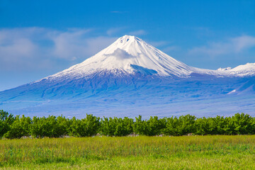 Mount Ararat (Turkey) at 5,137 m viewed from Yerevan, Armenia. This snow-capped dormant compound...