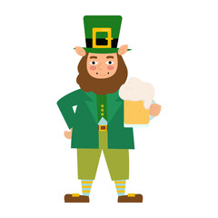 Leprechaun is holding a mug of beer. Vector character St. Patrick's Day isolated on white background.Festive illustration trendy flat cartoon style.